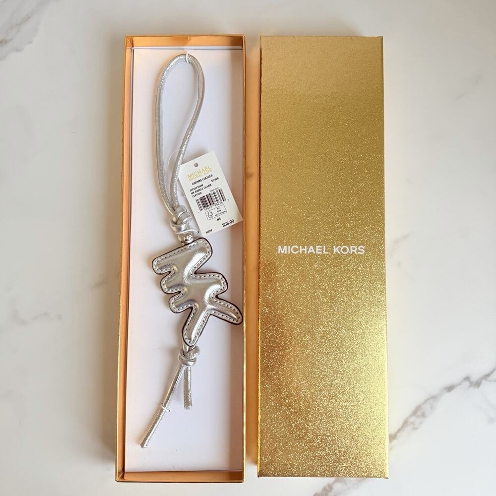 NWT Michael Kors MK Puffy Logo Silver Metallic Leather Bag Charm Fob W/Gift Box